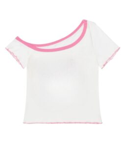 Pink Patchwork Design T-Shirt – Slanted Collar