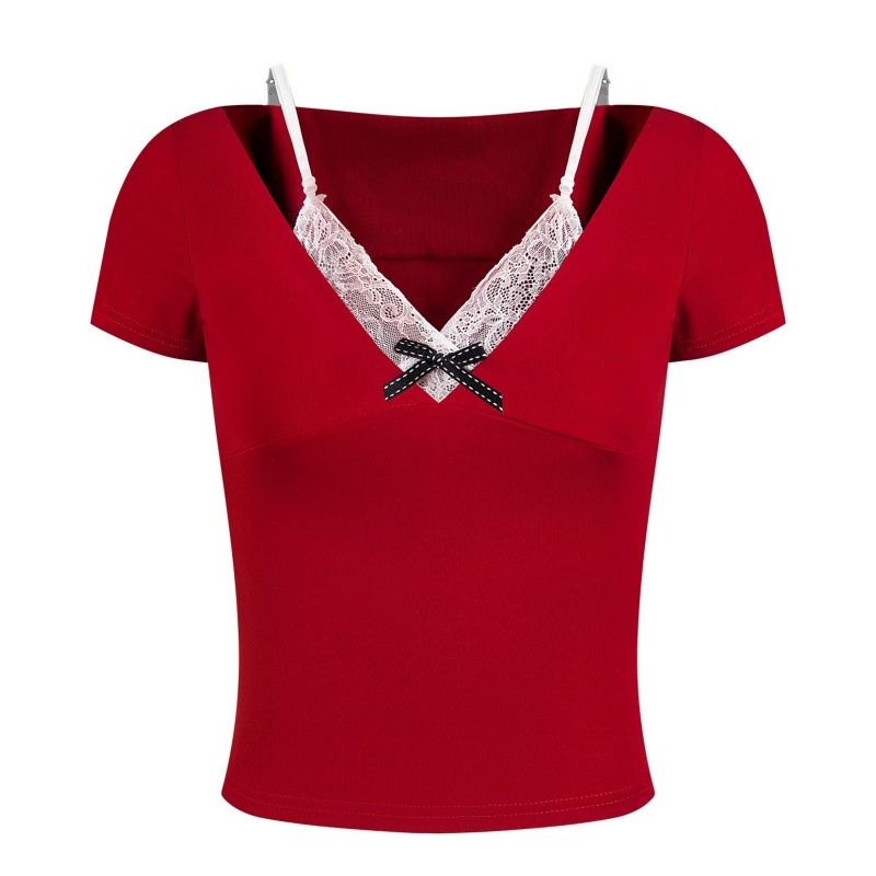 Red Lace Design Casual T-Shirt